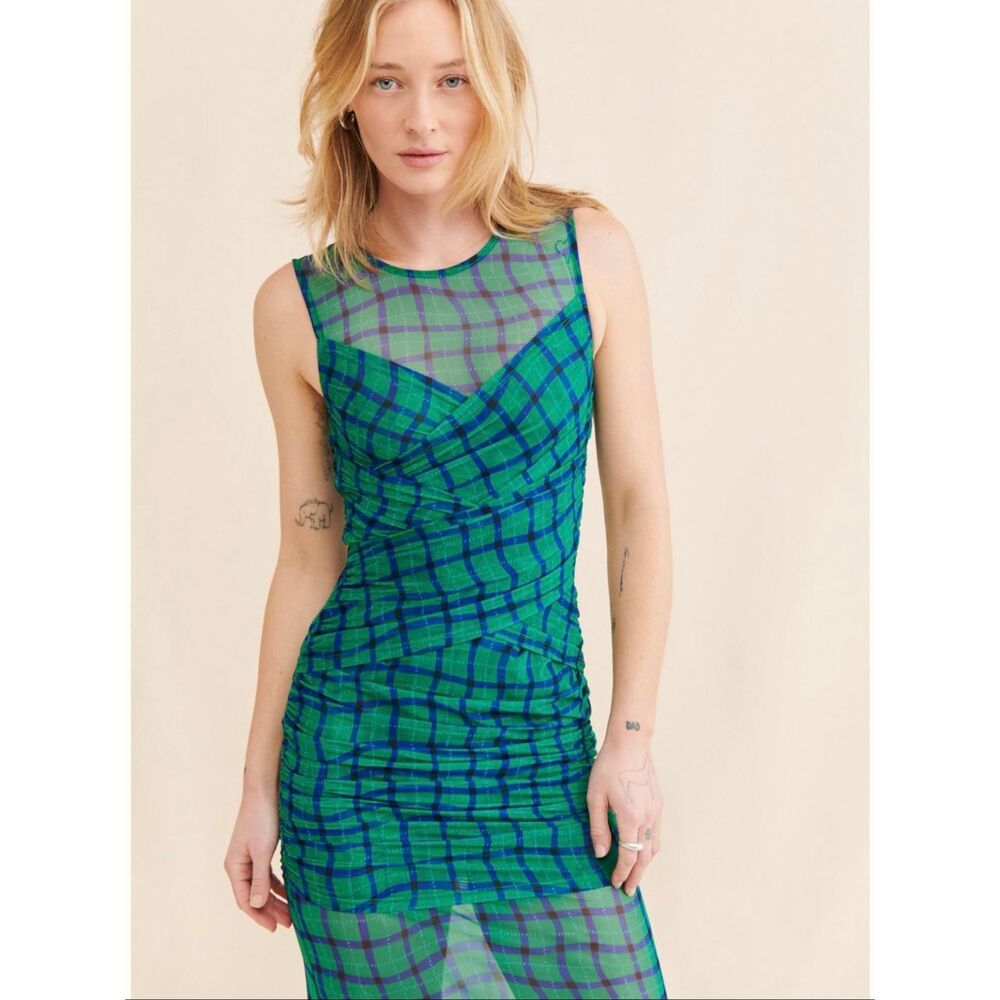 Simon Miller Sz M Kinny Ruched Plaid Mesh Midi Dress Anthropologie Green Blue - Picture 10 of 12